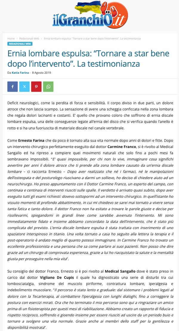 articolo il granchio testimonianza riabilitazione ernia mal di schiena